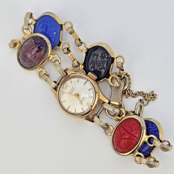 VTG Lusina Geneve 20MM Wind Up Women's Watch 21 Jewels Scarab Band 7" WORKING - Picture 12 of 13